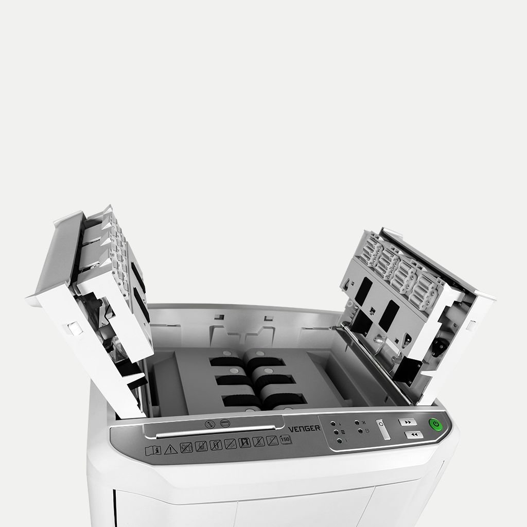Venger VG-150 paper shredder top view with cover open showing dual feed trays and cutting mechanism