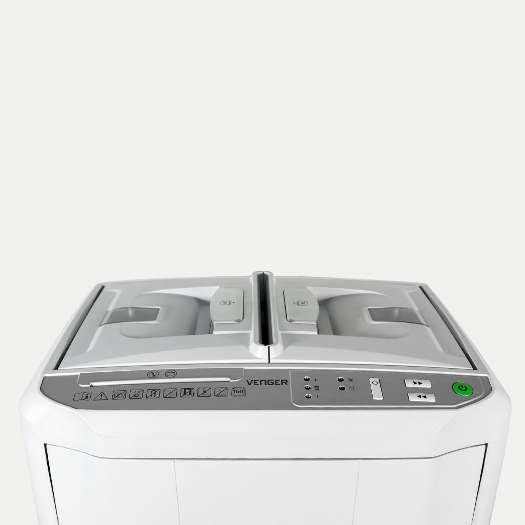 Venger VG-150 paper shredder front top view showing control panel, dual feed slots, and Venger branding
