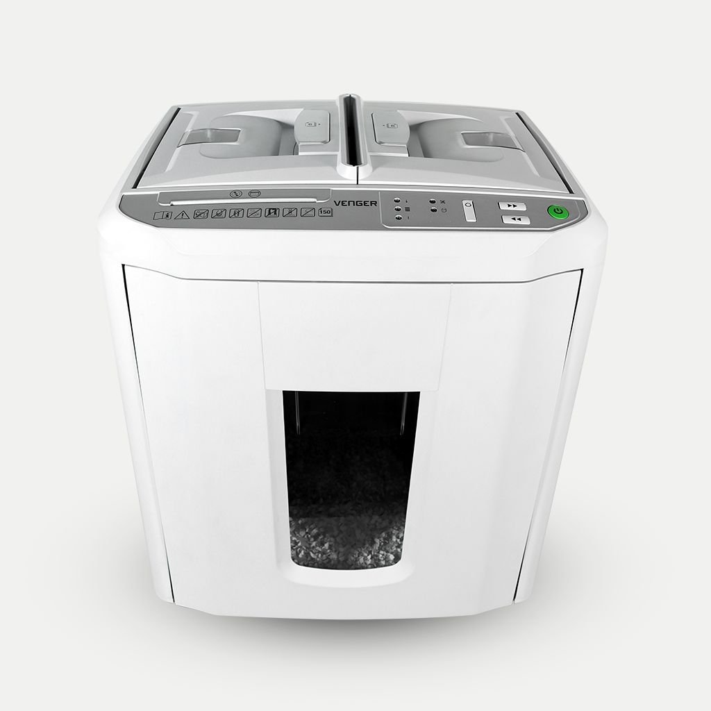 Venger VG-150 paper shredder front view showing transparent bin window with shredded paper and control panel
